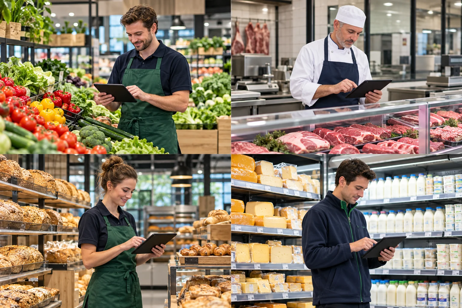 Medewerkers met tablets op de AGF-, vlees-, brood- en zuivelafdeling